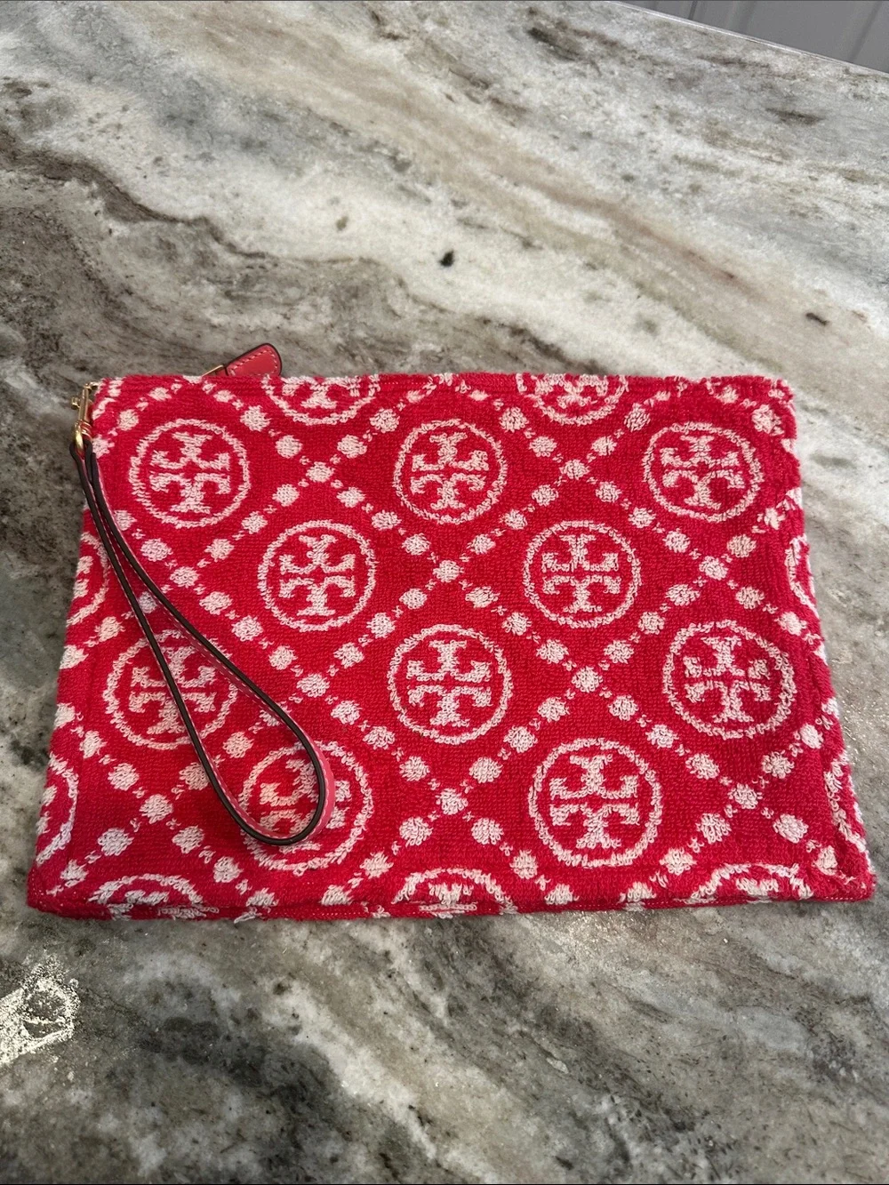 Tory Burch T Monogram Terry Jacquard Wristlet Clutch Pouch Strawberry NWT